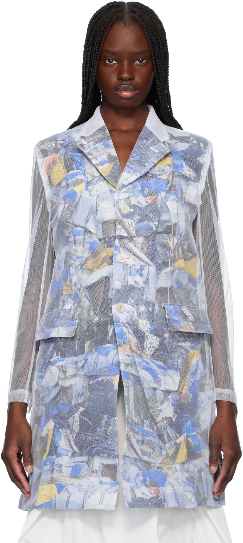 Vindjakke Comme des Garçons Comme des Garçons Layered Mesh Print Jacket Hvid | GO-J038-S25