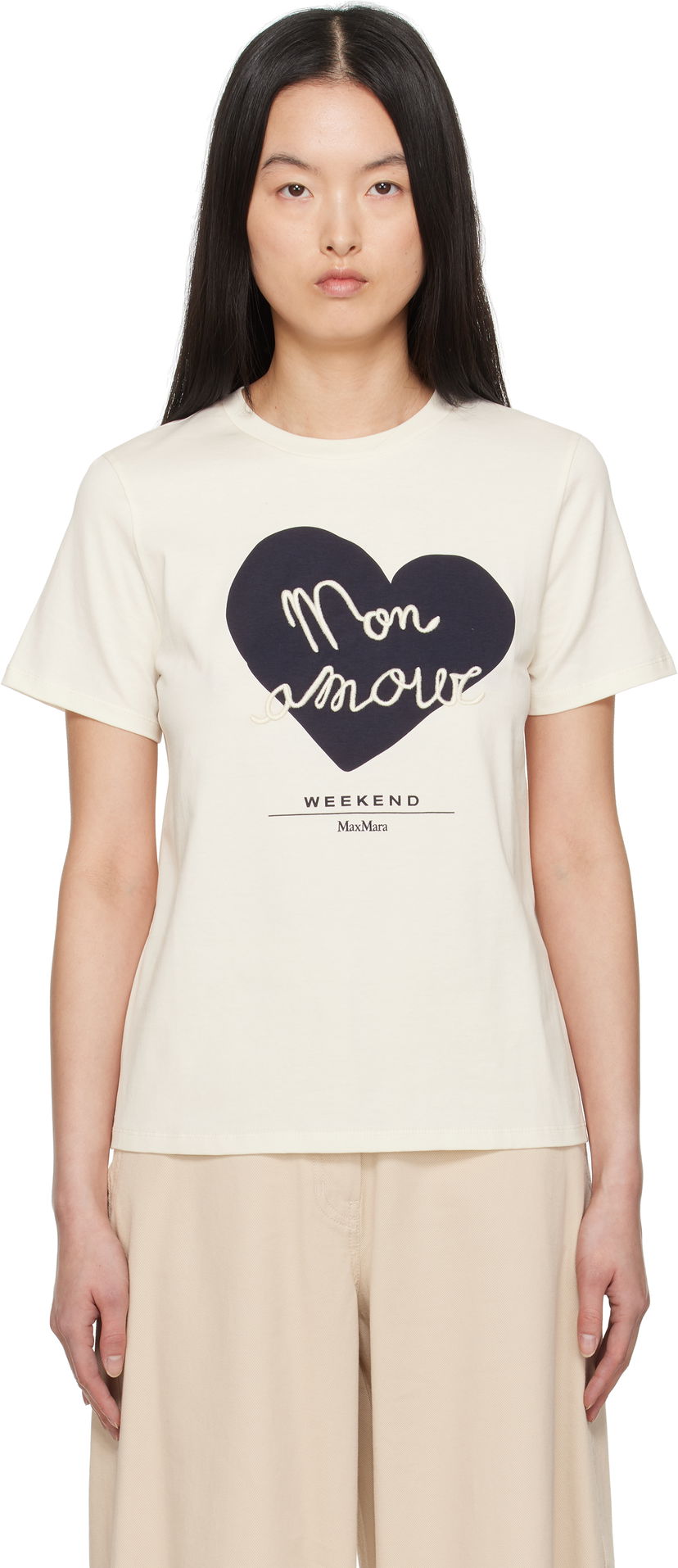 T-shirt Max Mara Weekend Max Mara Vello T-Shirt with Heart Applique Beige | 2515971051600
