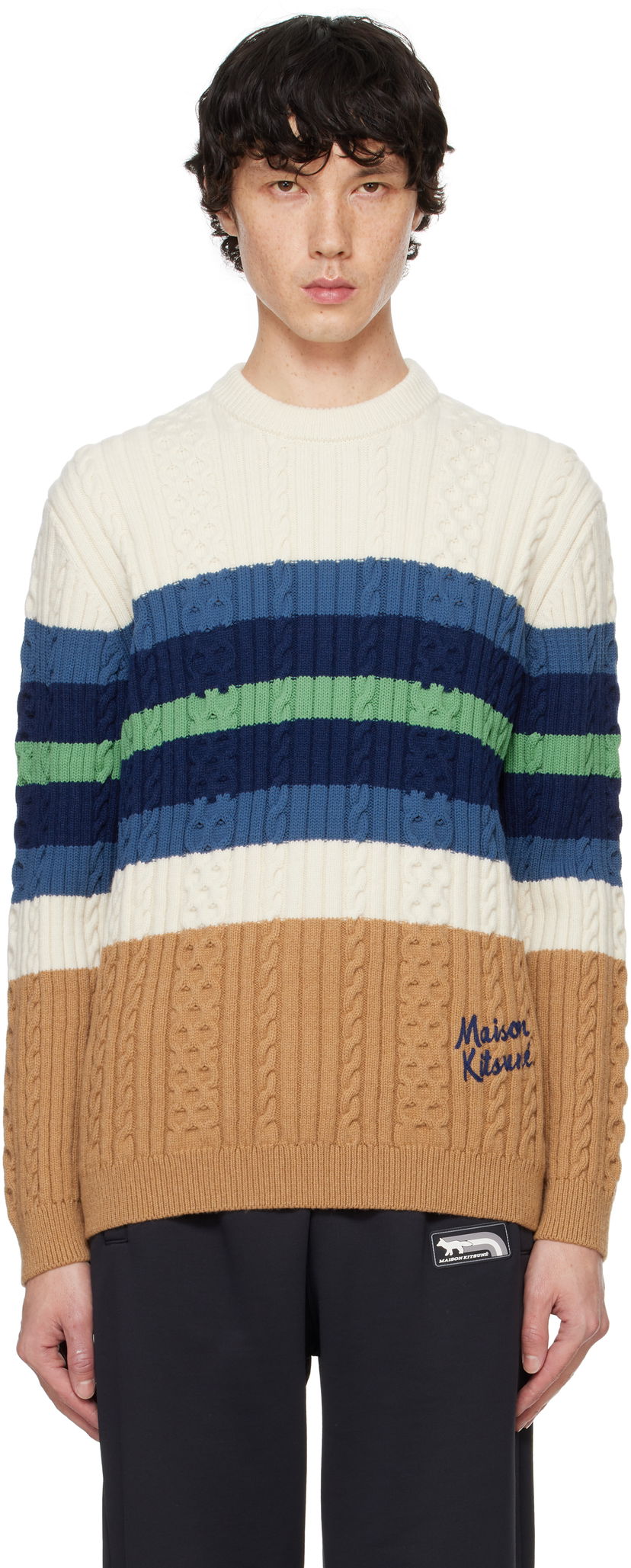 Sweater MAISON KITSUNÉ Striped Cable Crewneck Sweater Flerfarvet | NM00804KH0001
