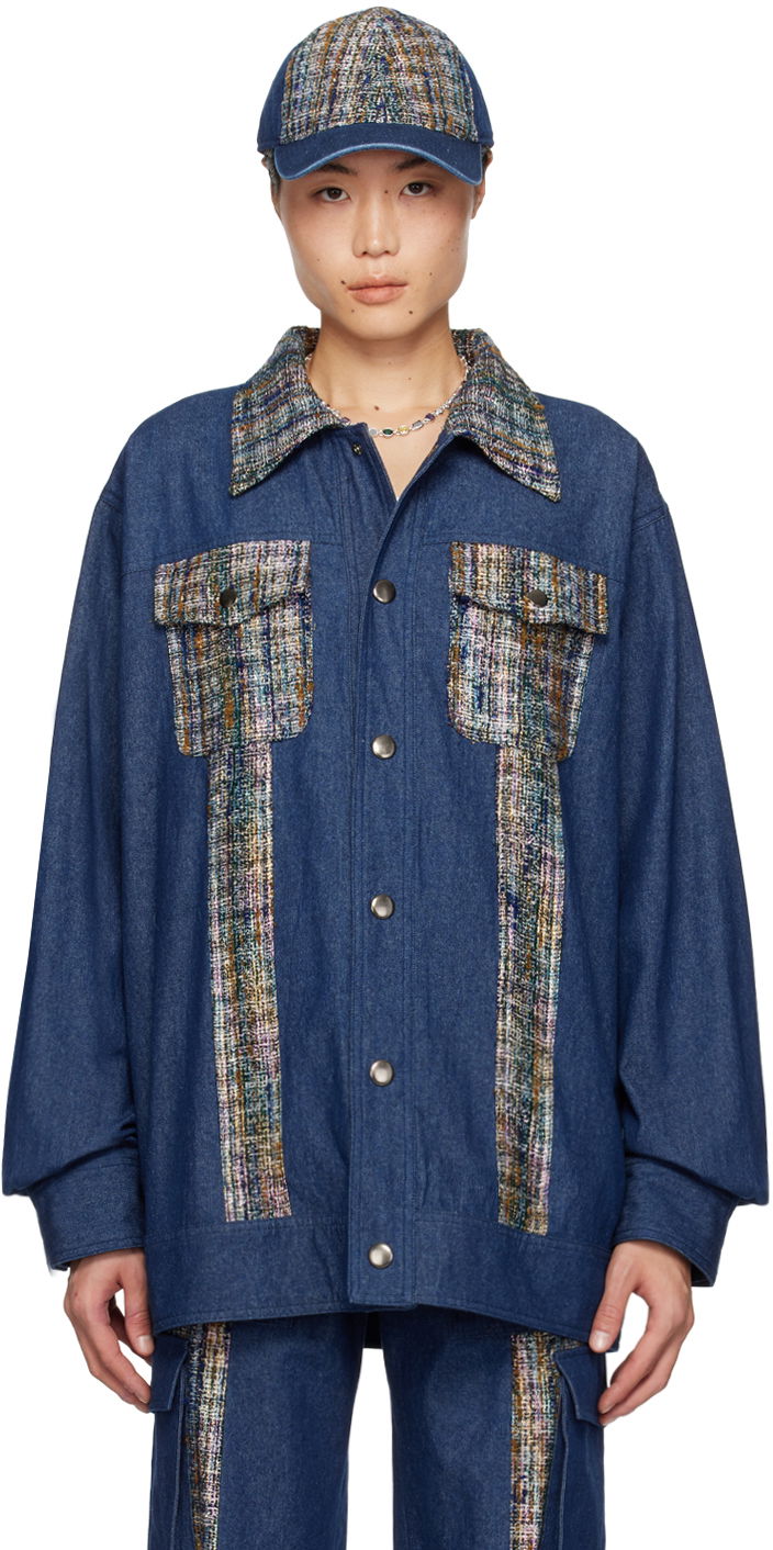 Kasket Anna Sui Anna Sui Denim Jacket with Tweed Panels Blå | M1024B33