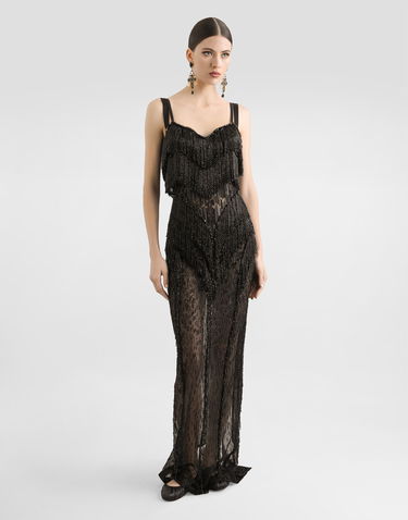 Kjole Dolce & Gabbana Dolce & Gabbana Long Marquisette Dress with Sequined Fringe Sort | F6TPAZGDC1EN0000, 1