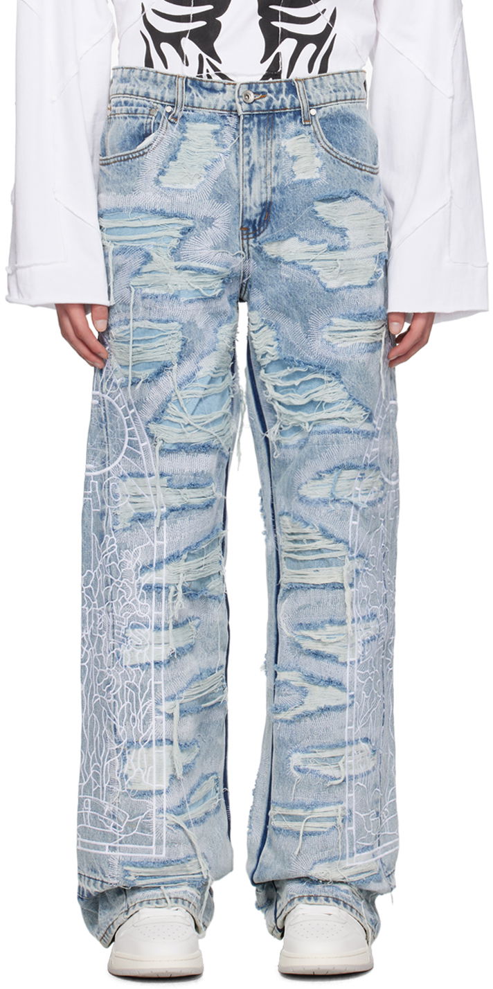 Jeans Who Decides War Distressed Embroidered Straight-Leg Jeans Blå | 1120650008SS24, 0