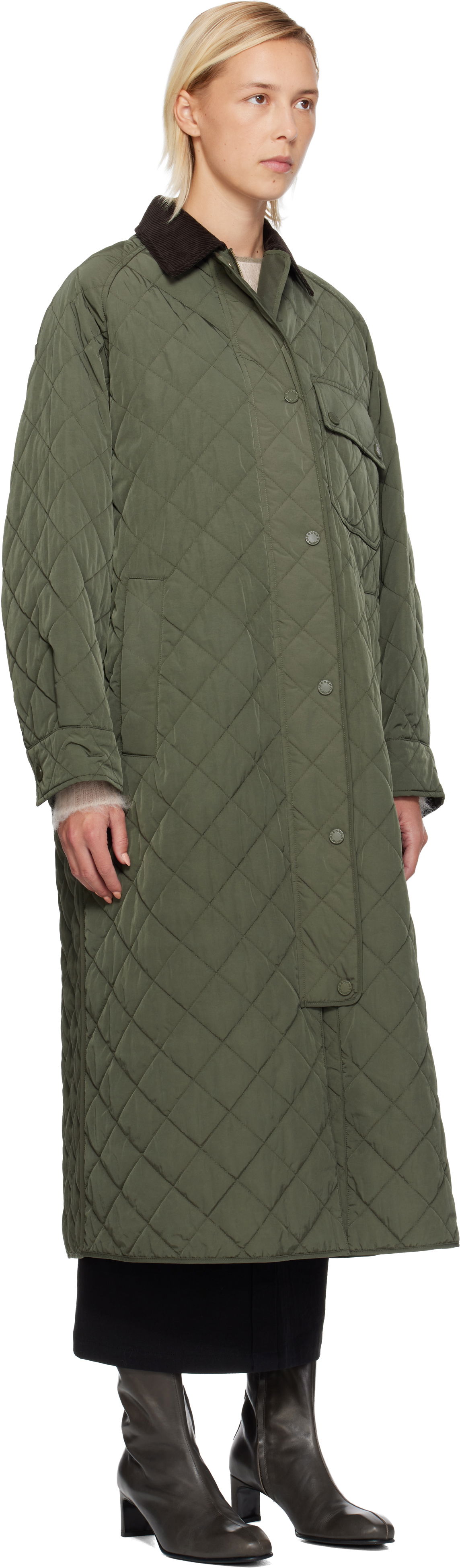 Frakker Max Mara Coccole Quilted Long Coat with Corduroy Collar Grøn | 2525496092600, 1