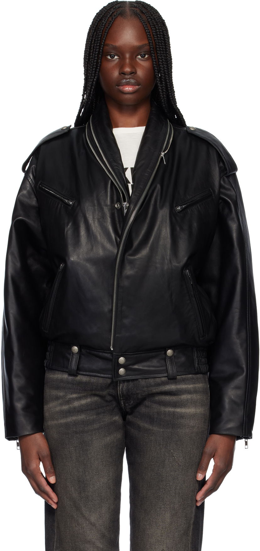 Bomberjakke R13 R13 Zip Collar Motorcycle Leather Jacket Sort | R13WR344-R450B