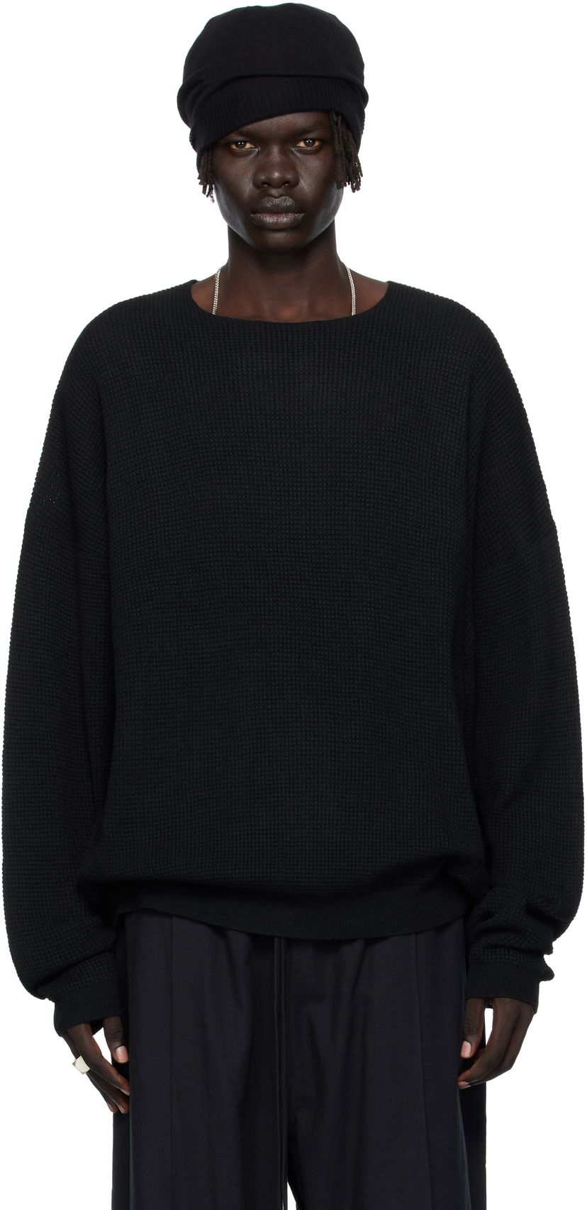 Sweater Fear of God Fear of God ESSENTIALS Waffle Knit Long Sleeve Crewneck Sweatshirt Sort | 192SP256160F