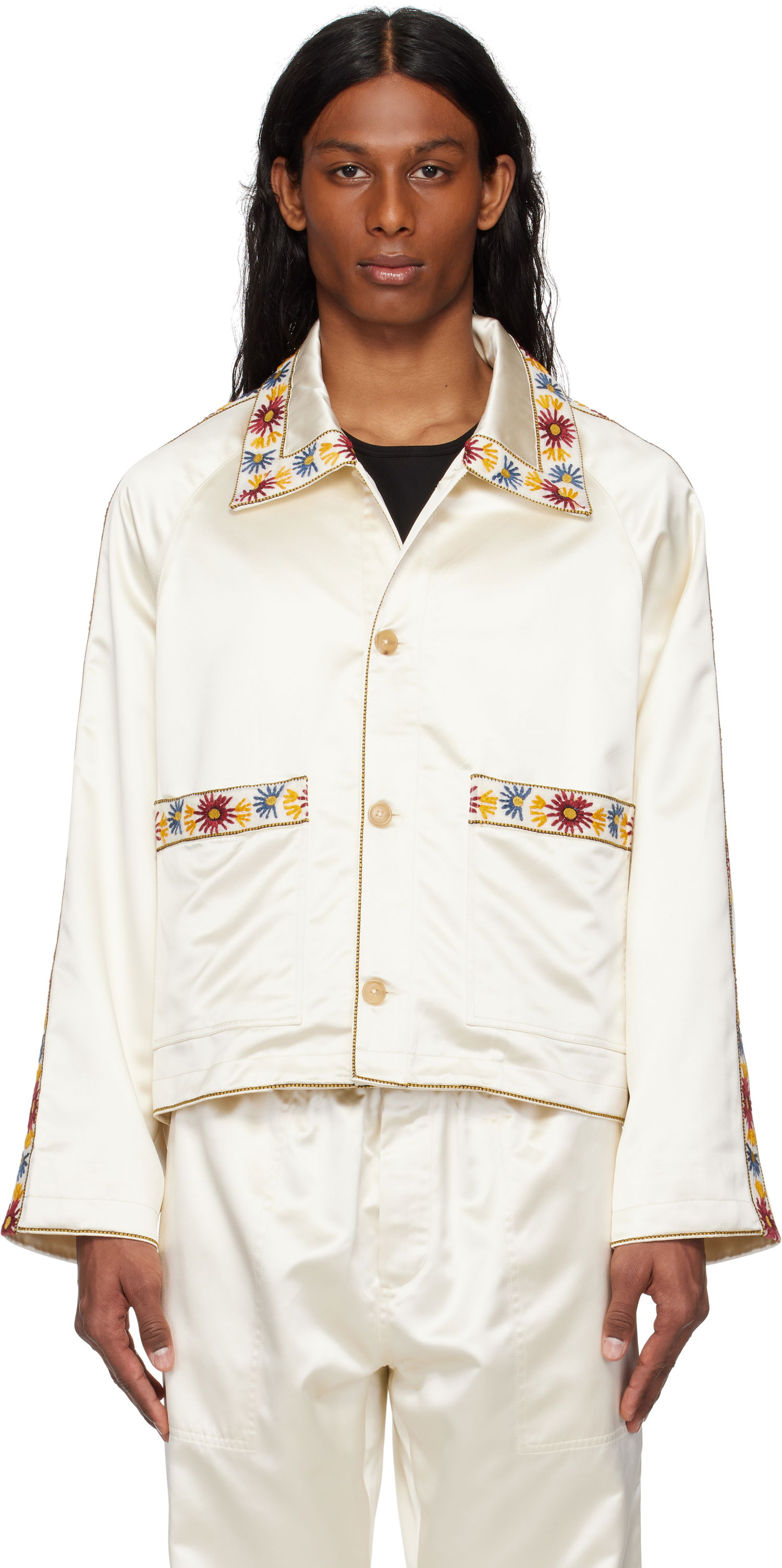 Bomberjakke Bode Bode Embroidered Satin Jacket Hvid | MRS25OW014, 0