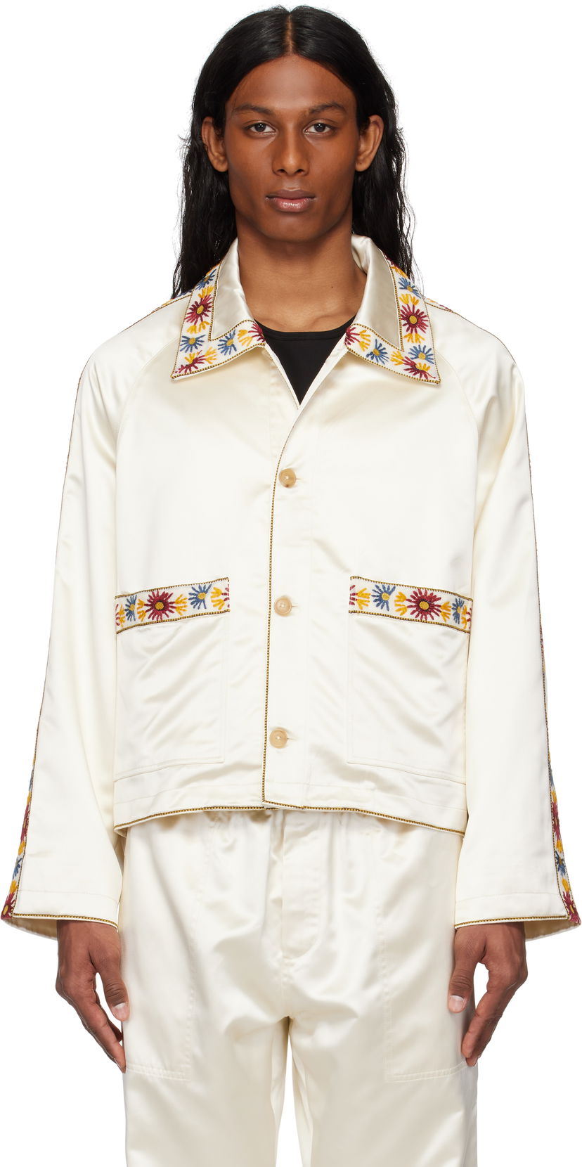 Bomberjakke Bode Bode Embroidered Satin Jacket Hvid | MRS25OW014