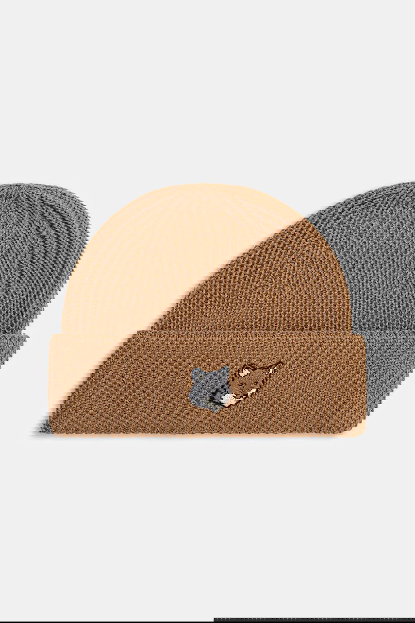 Beanie MAISON KITSUNÉ Ribbed Knit Fox Head Large Beanie Brun | PM06112KT1022, 0