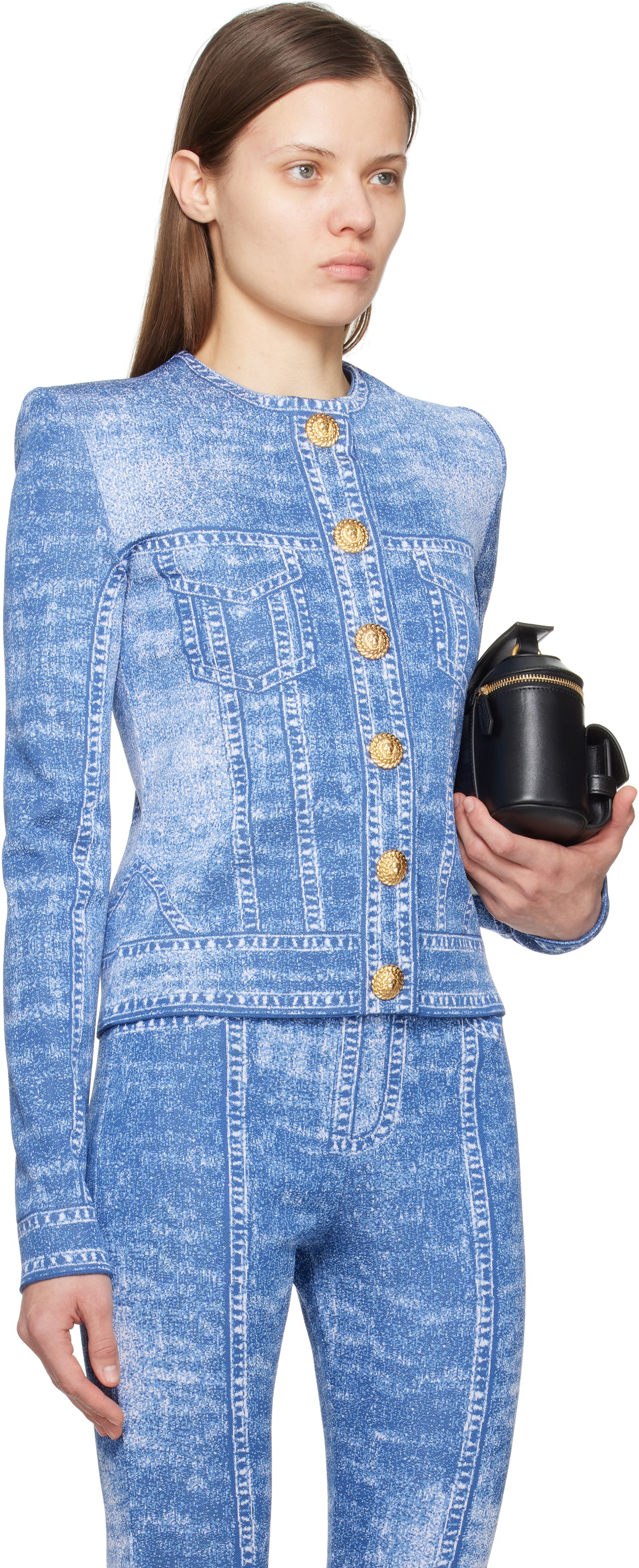 Træningsdragt Balmain Balmain Jacquard Knit Denim Cardigan Blå | EF1KL220KH80, 1