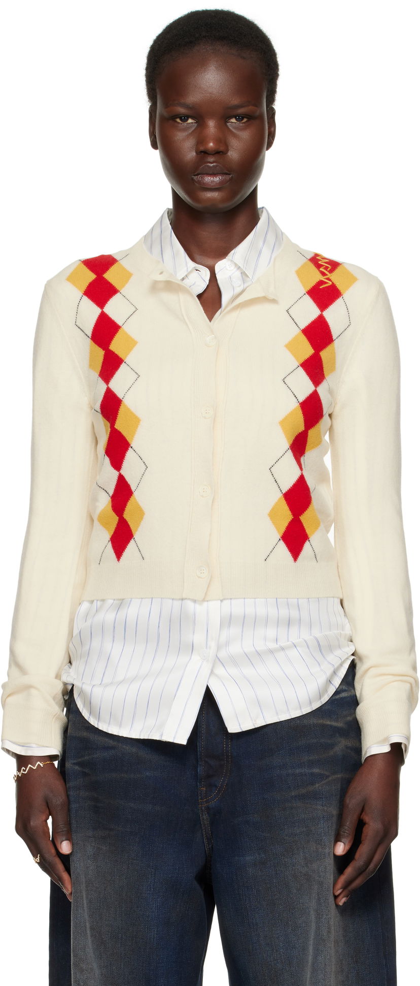 Sweater Marni Marni Argyle Wool Cropped Cardigan Hvid | CDMD0397Q0 UFH546