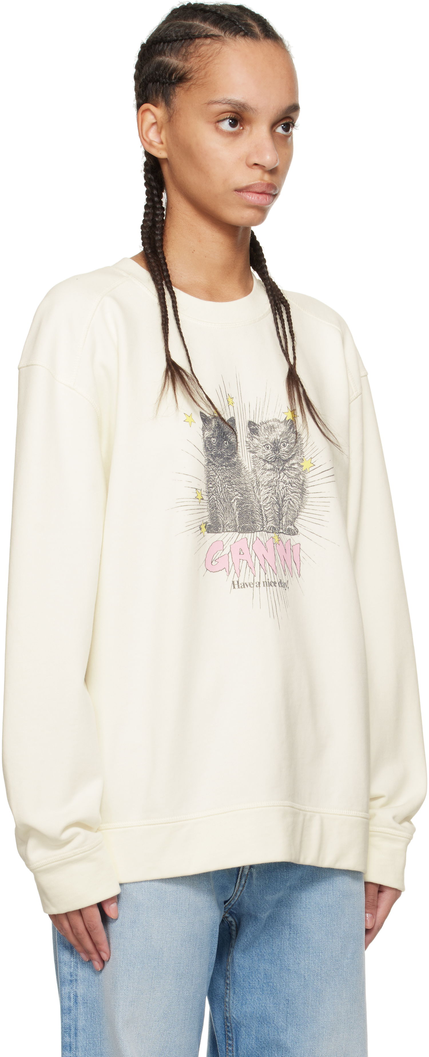 Sweatshirt GANNI GANNI Isoli Kittens Drop Shoulder Sweatshirt Beige | T4163, 1