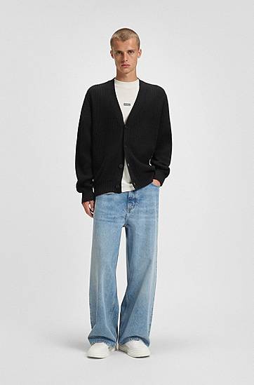 Sweater BOSS Relaxed Fit Ribbed Cardigan Sort | 50543776, 1