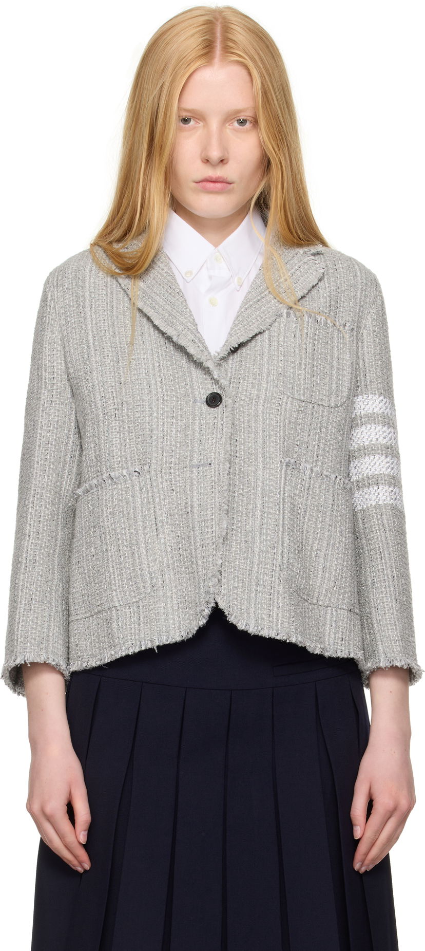 Jakke Thom Browne Thom Browne Tweed Fray 4-Bar Cropped Sack Blazer Grå | FBC788T-F0512