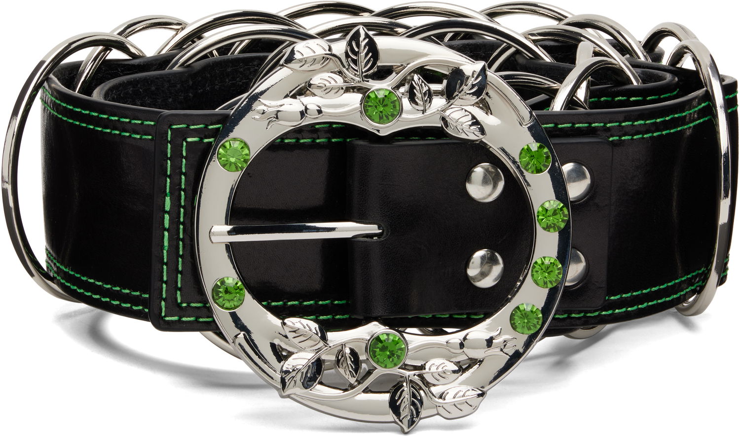 Bælter Chopova Lowena Leather Ring Belt with Green Crystal Leaf Buckle and Contrast Stitching Sort | 6717, 0