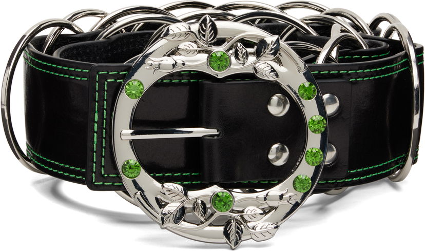 Bælter Chopova Lowena Leather Ring Belt with Green Crystal Leaf Buckle and Contrast Stitching Sort | 6717