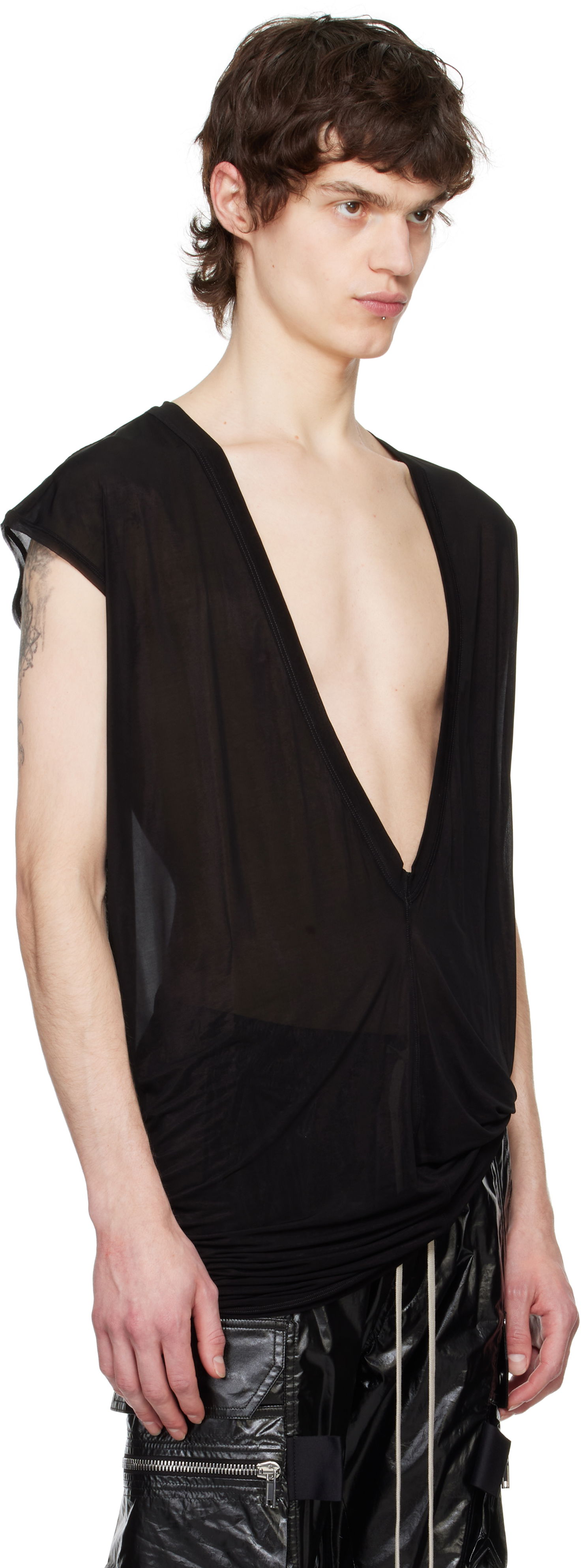 Tanktop Rick Owens Rick Owens Hollywood Dylan Deep V-Neck T-Shirt Sort | RU01E5157 BZ, 1