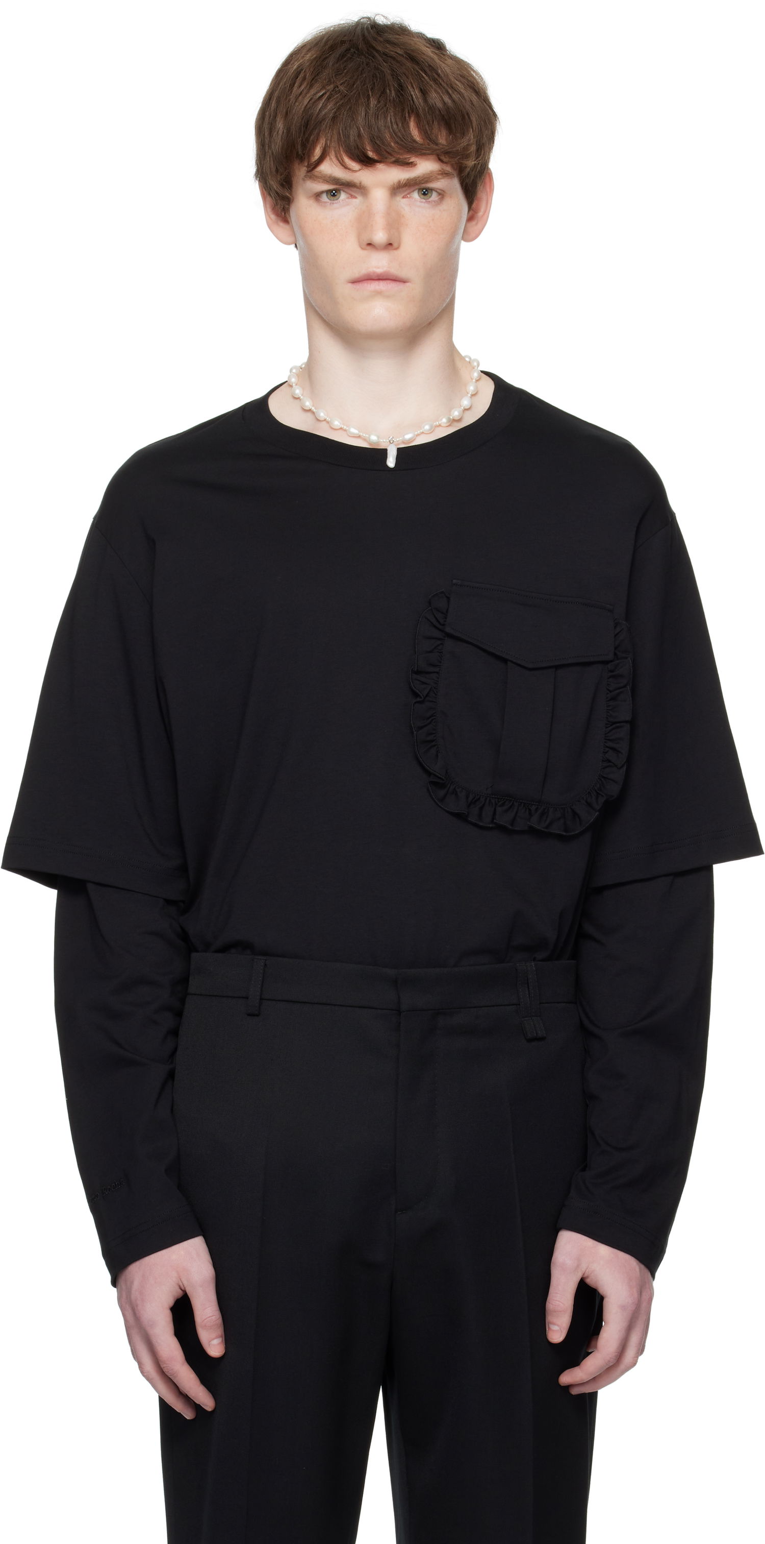 T-shirt Simone Rocha Simone Rocha Layered Ruffle Pocket Long Sleeve T-Shirt Sort | 5379 0553, 0