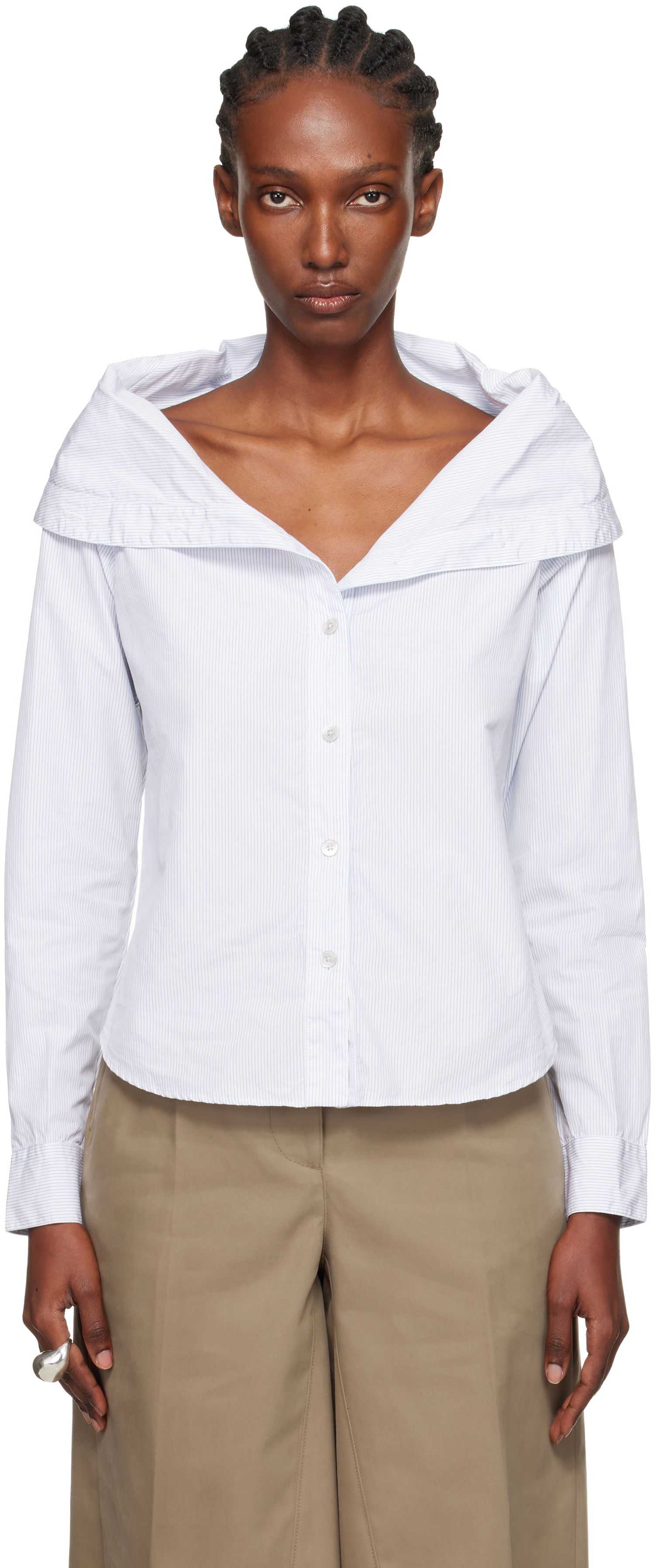 Skjorte OUR LEGACY Kaonashi Pinstriped Long-Sleeve Off-Shoulder Button-Up Shirt Hvid | W4252KD, 0