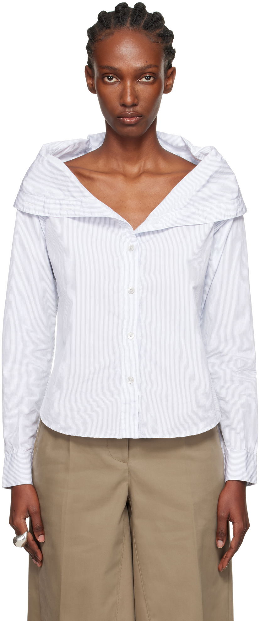 Skjorte OUR LEGACY Kaonashi Pinstriped Long-Sleeve Off-Shoulder Button-Up Shirt Hvid | W4252KD