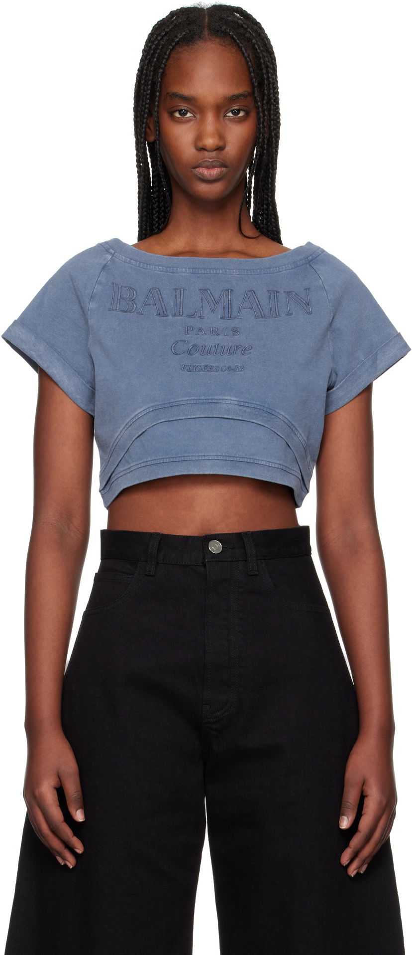 Crop top Balmain Balmain Cropped Couture Embroidered T-Shirt Blå | EF1EE121BC96