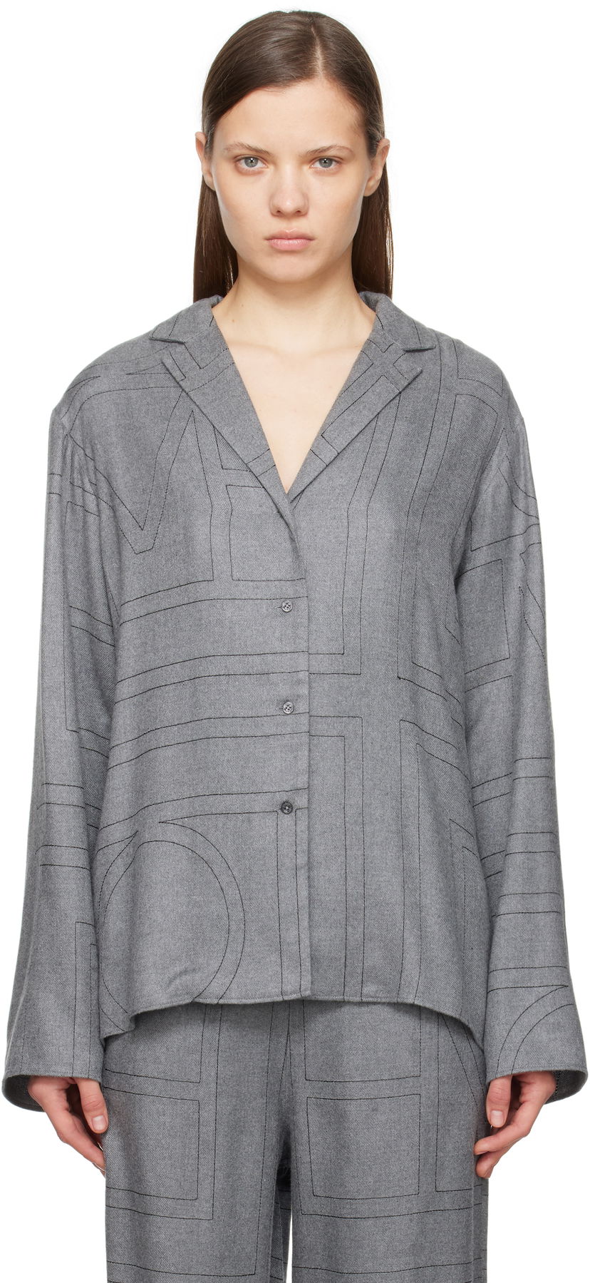 Skjorte TOTEME TOTEME Monogram Flannel Pajama Shirt Grå | 251-WRT976-FB0080