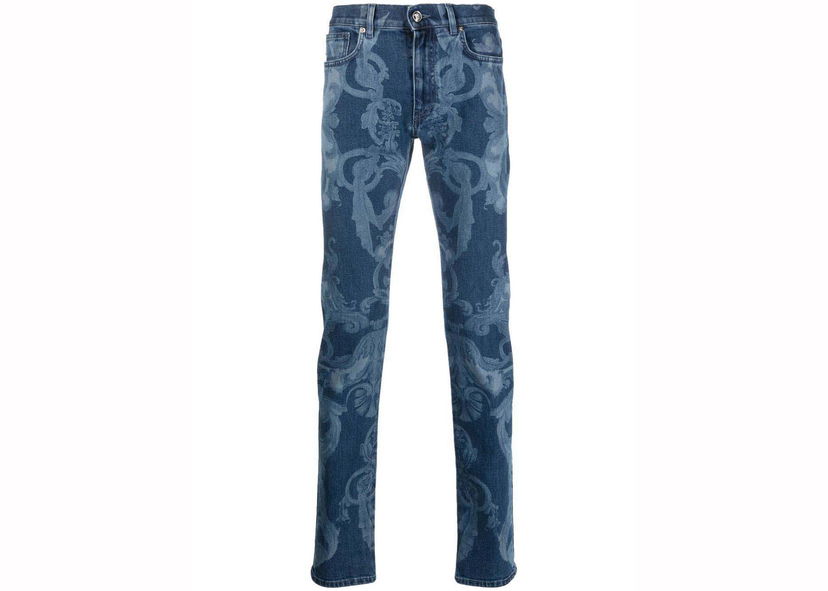 Jeans Versace Baroque-Print Skinny Jeans Blue Blå | 1006078-1A04164-1D030