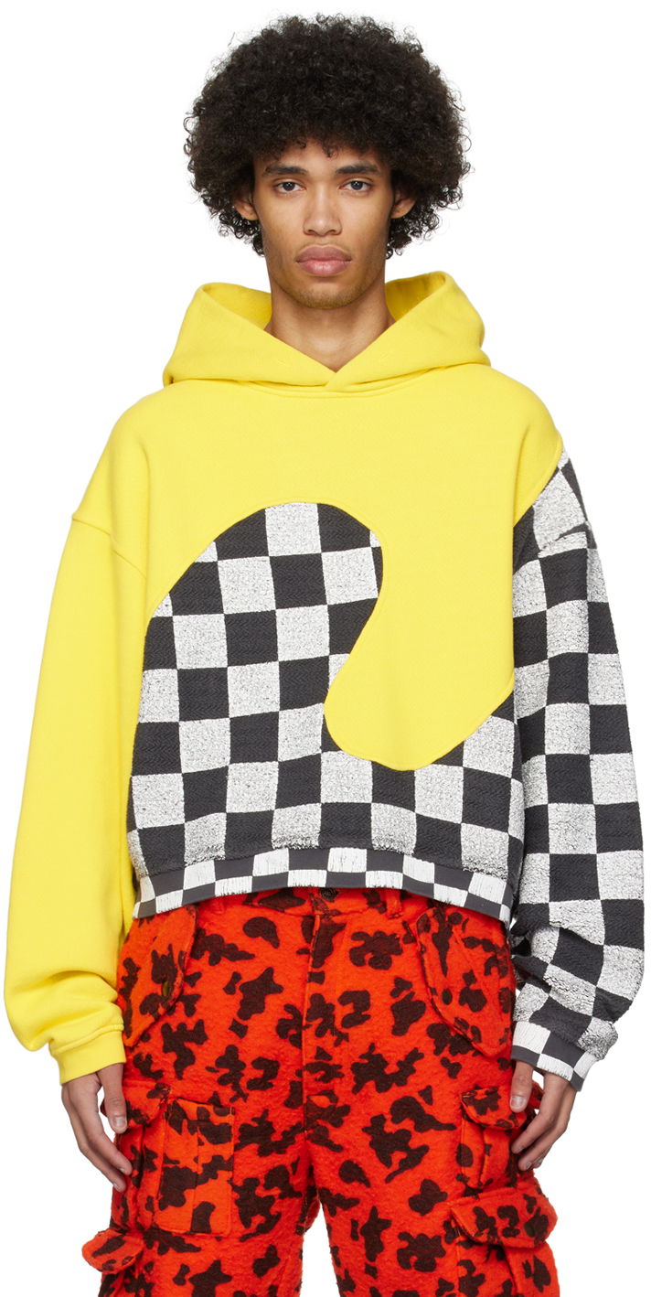 Sweatshirt ERL Checkered Fleece Applique Hoodie Gul | ERL08T022