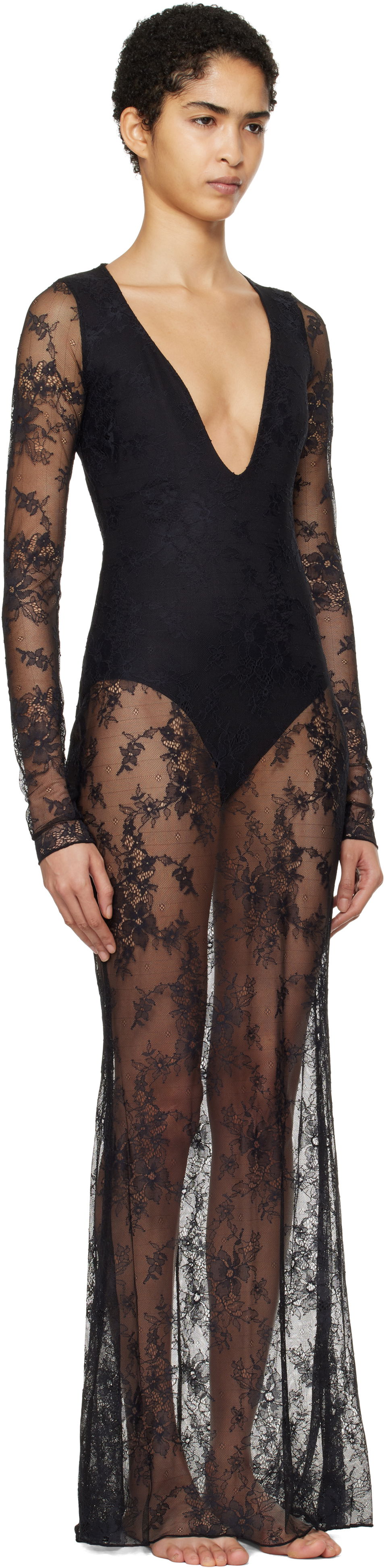 Kjole SKIMS SKIMS Ultra Fine Lace Plunge Maxi Dress Sort | DS-DRS-6473W, 1