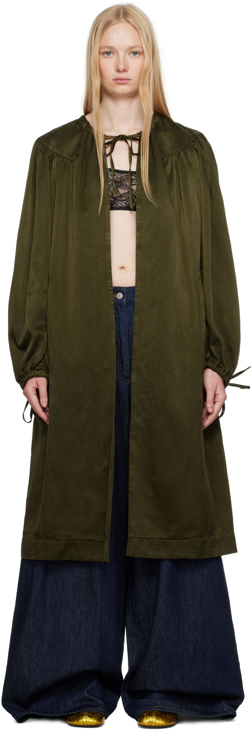 Trenchcoat Dries Van Noten Dries Van Noten Gathered Open Front Coat Grøn | 251-010202-1426