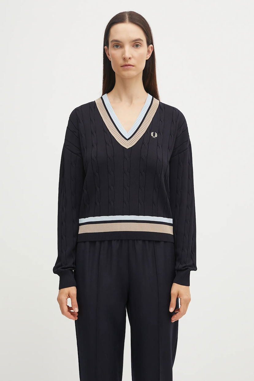 Sweater Fred Perry Fred Perry Cable Knit V-Neck Sweater Mørkeblå | K1102