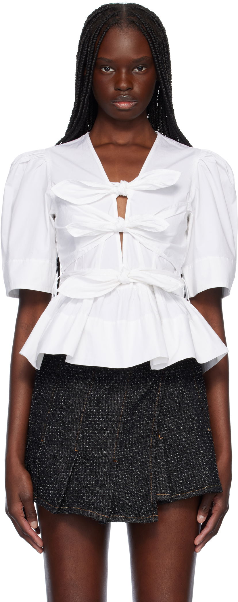 Skjorte GANNI GANNI Stretch Cotton Tie Front Peplum Blouse Hvid | W0309