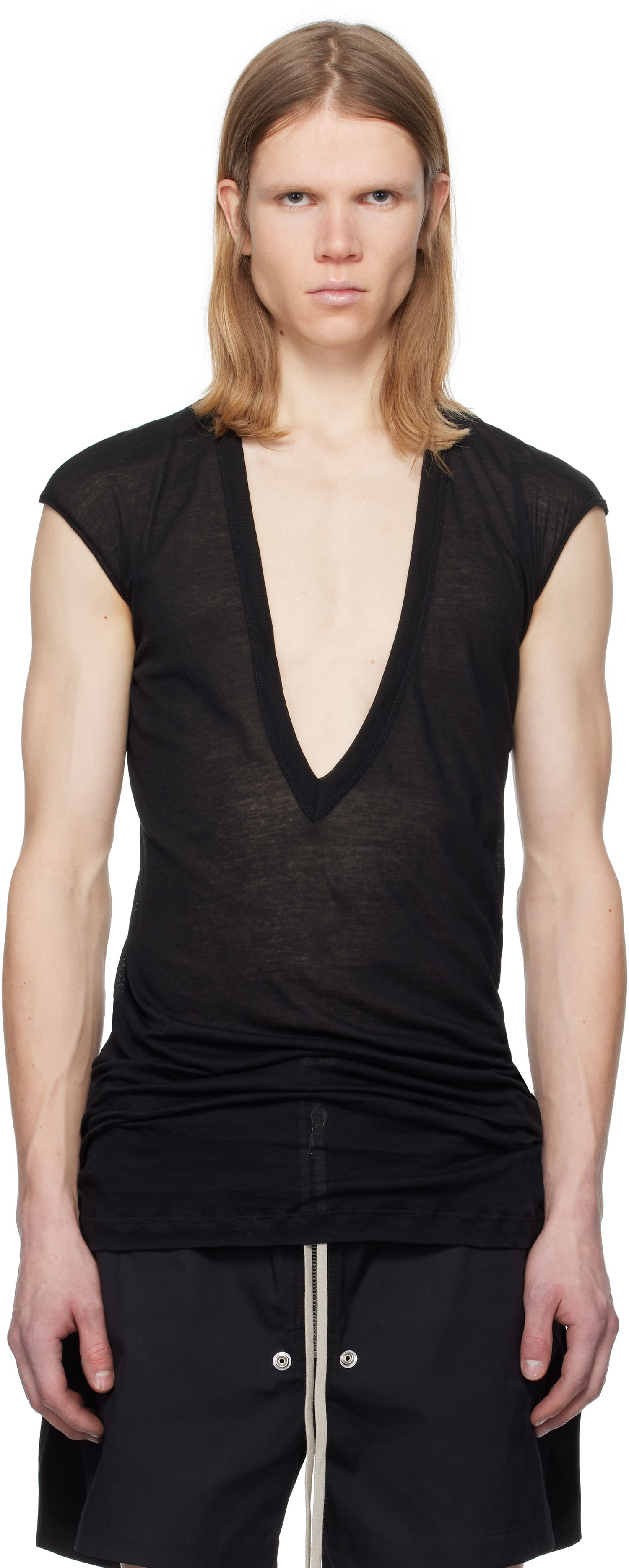 Tanktop Rick Owens Rick Owens Hollywood Dylan Deep V-Neck T-Shirt Sort | RU01E5157 UC, 0