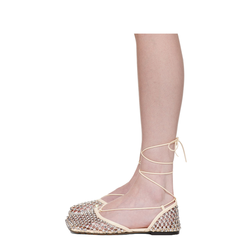 Sneakers og sko Bottega Veneta Sparkle Stretch Lace-Up Flat Sandals "Off White" Hvid | 740007 V0GU1