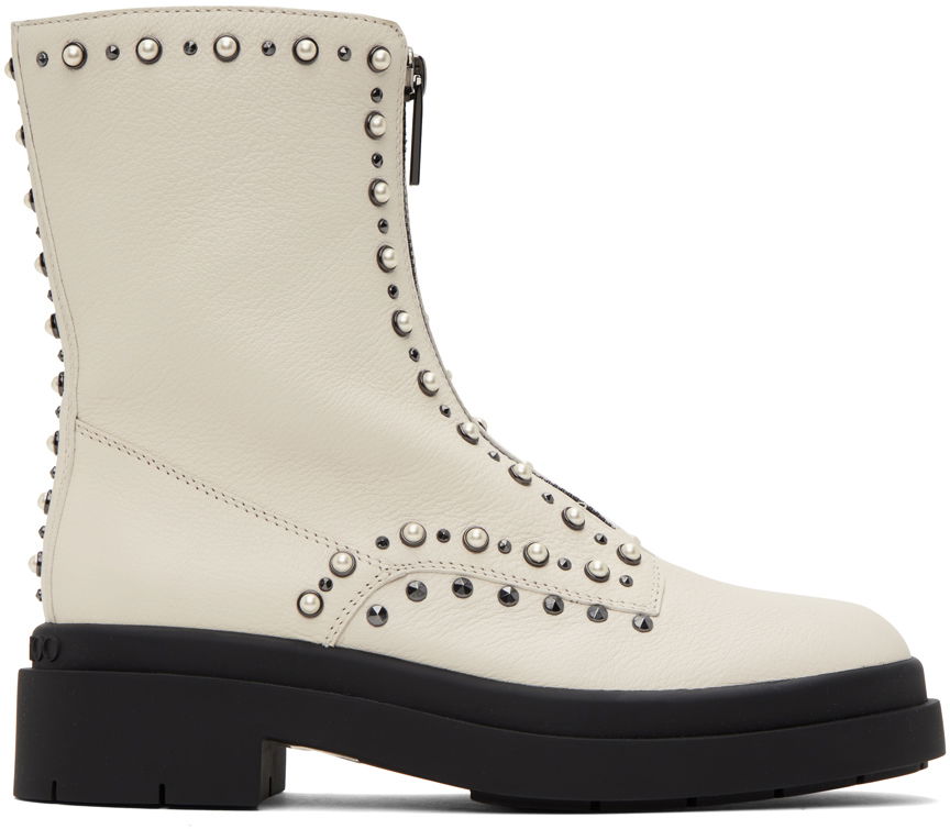 Tøj Jimmy Choo Jimmy Choo Nola Pearl-Embellished Flat Boots Beige | NOLA FLAT, 0