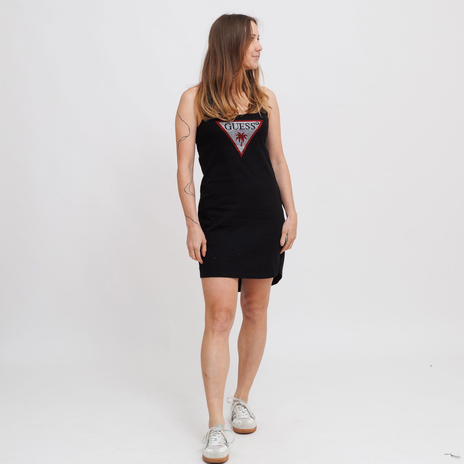 Kjole GUESS Guess Rhinestone Triangle Logo Tank Mini Dress Sort | E5GP01I3Z14-JBLK, 0