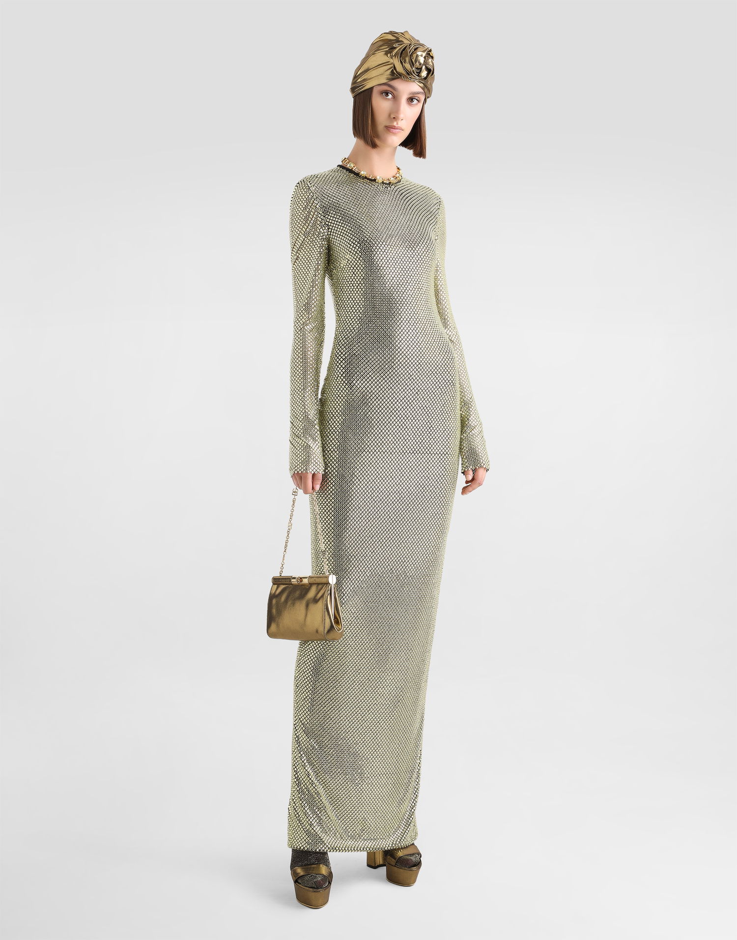 Kjole Dolce & Gabbana Long Crystal Mesh Dress Metalisk | F6TJLZFLSK3S0997, 1