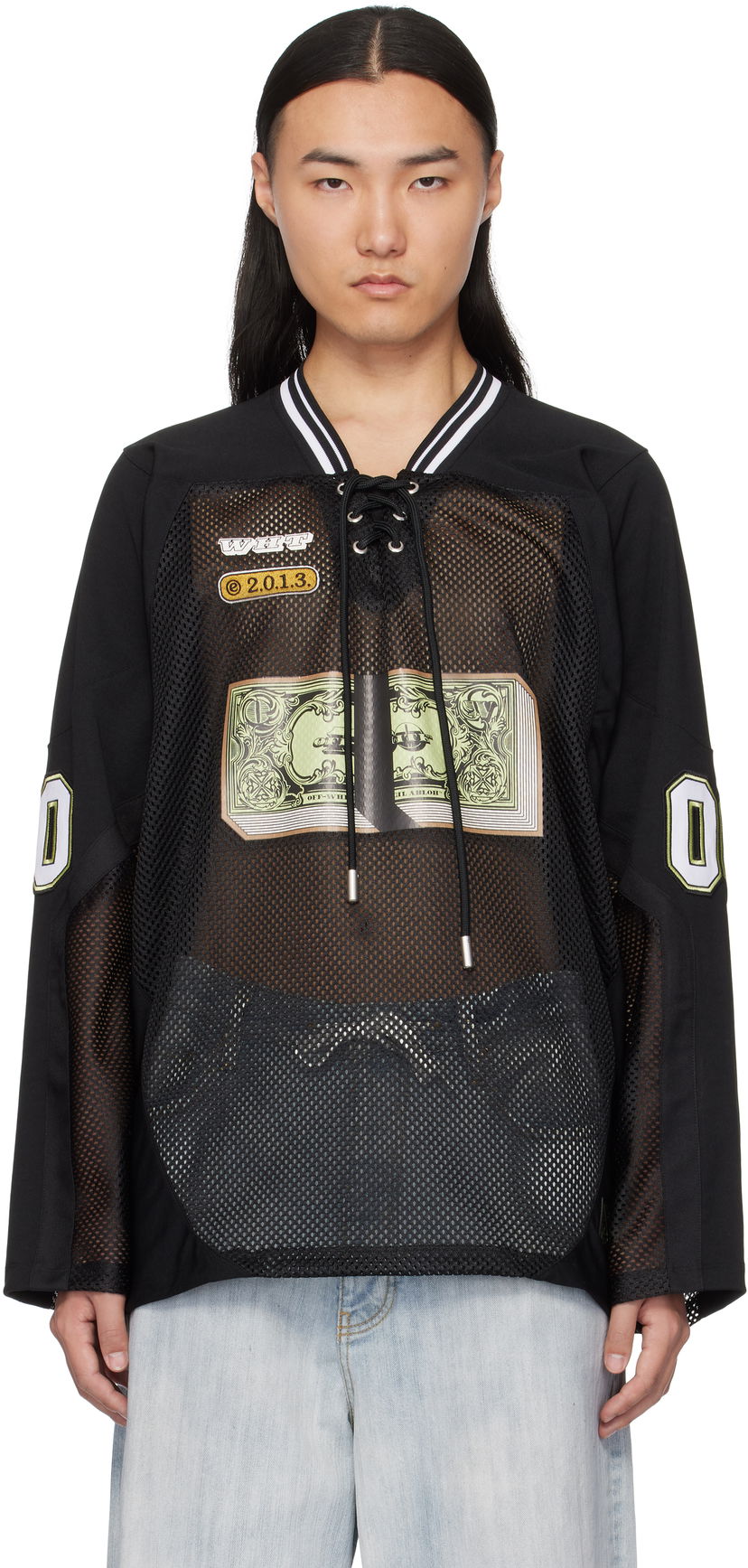 Jersey Off-White Banknote Mesh Hockey Long Sleeve T-Shirt Sort | OMAD004S25JER0031014