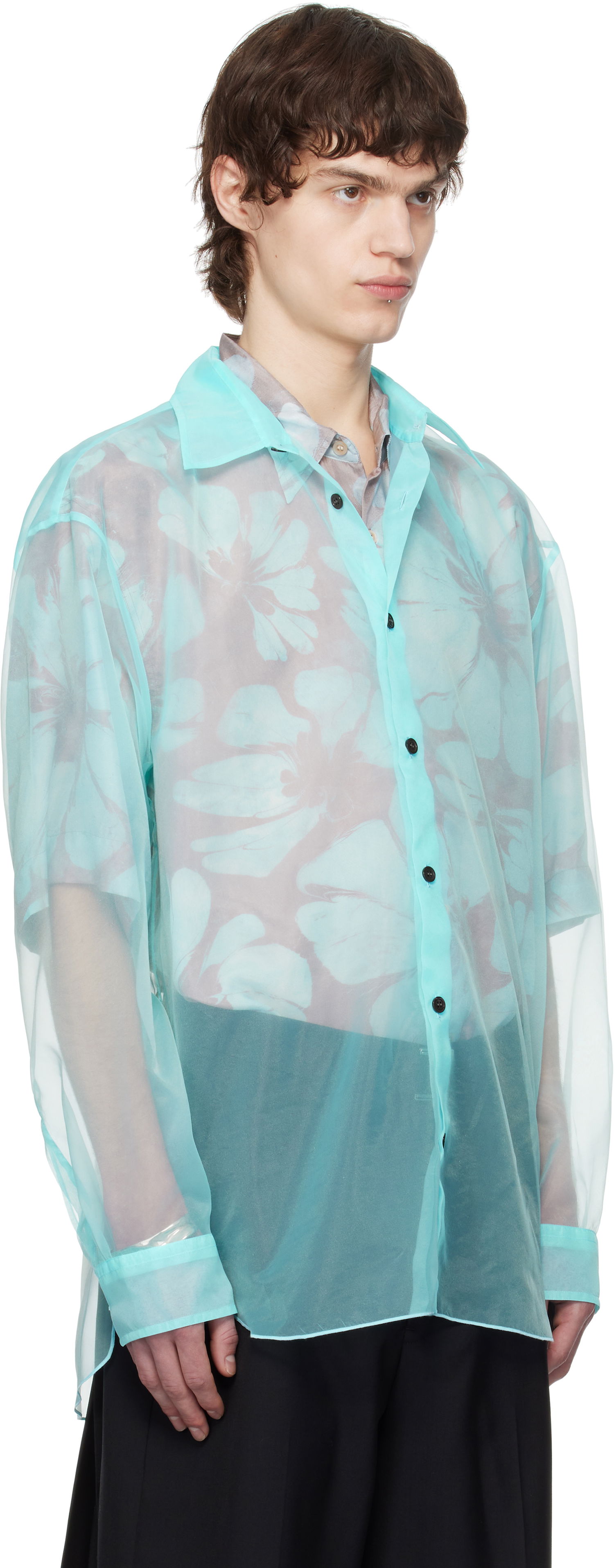 Skjorte Dries Van Noten Dries Van Noten Organza Floral-Print Shirt Turkis | 251-020732-1501, 1