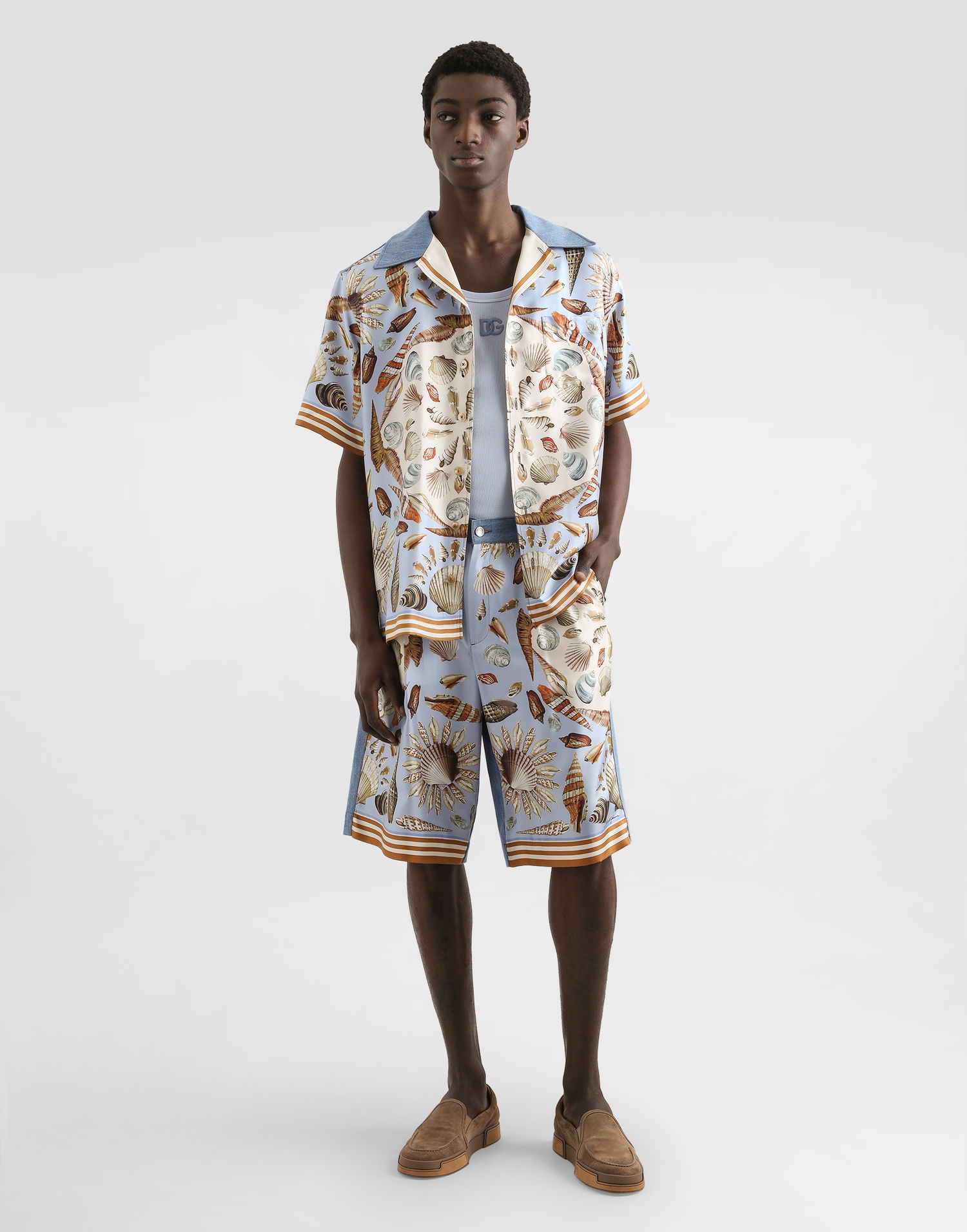 Skjorte Dolce & Gabbana Silk And Cotton Seashell Print Denim Collar Short Sleeve Shirt Flerfarvet | G5JH9DG8NE3S9001, 1