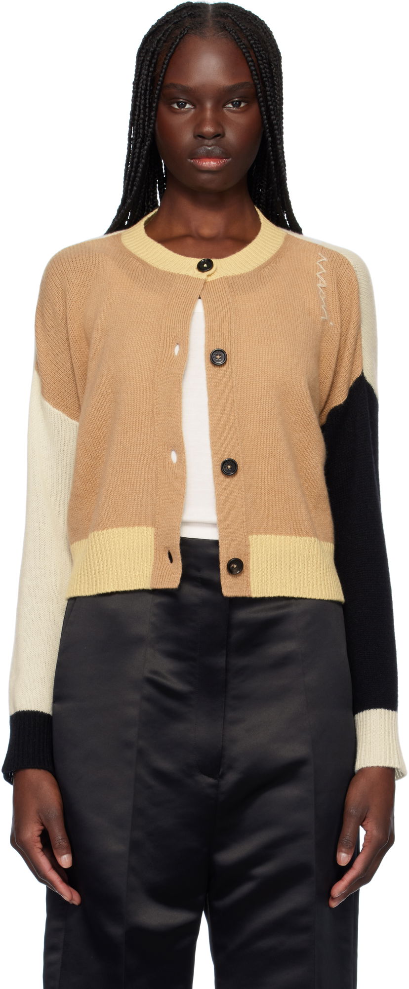 Sweater Marni Marni Crewneck Color-Block Cashmere Cardigan Beige | CDMD0393Q0 UFX385
