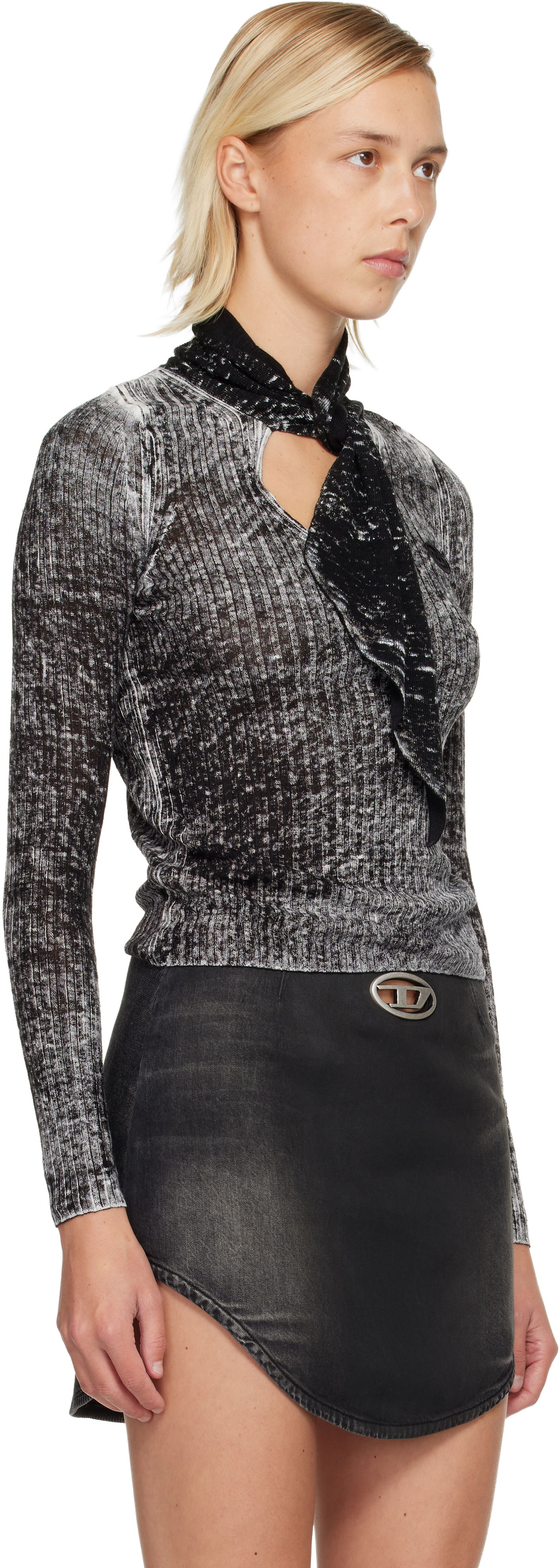 Sweater Diesel M-Elan Distressed Rib Knit Scarf-Neck Sweater Sort | A18866 0BJBR, 1