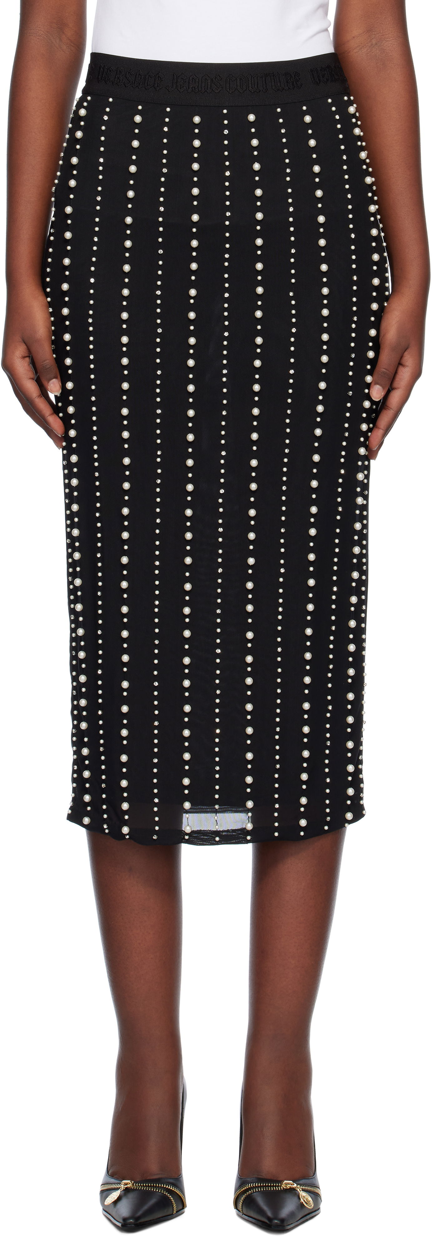 Nederdel Versace Embellished Midi Skirt Sort | E77HAEI06_ECJM01, 0