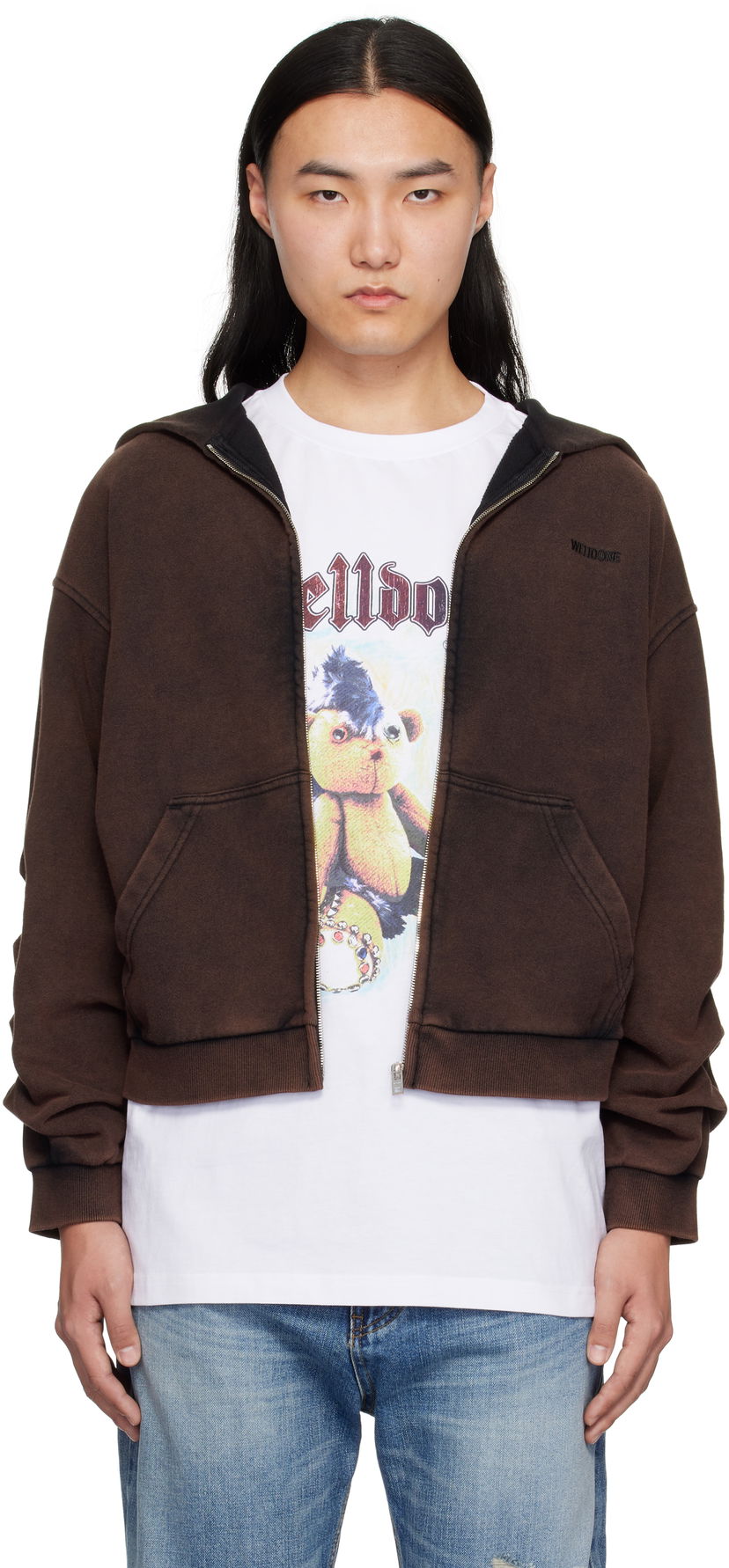 Sweatshirt We11done We11done Wrinkled Zip-Up Hoodie Brun | WD-TJ0-25-830-U-BK