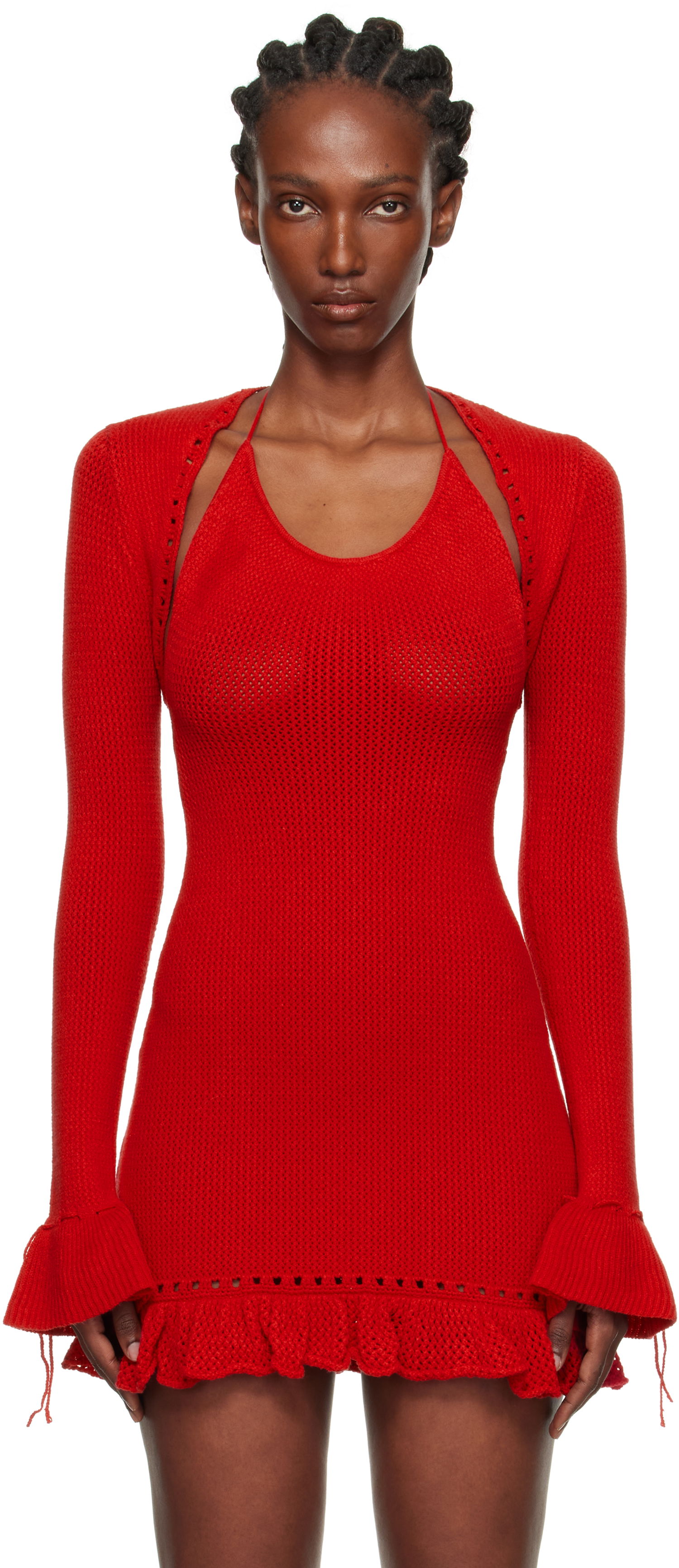 Sweater GUIZIO Guizio Crochet Ruffle Sleeve Bolero Cardigan Rød | P25705S019, 0