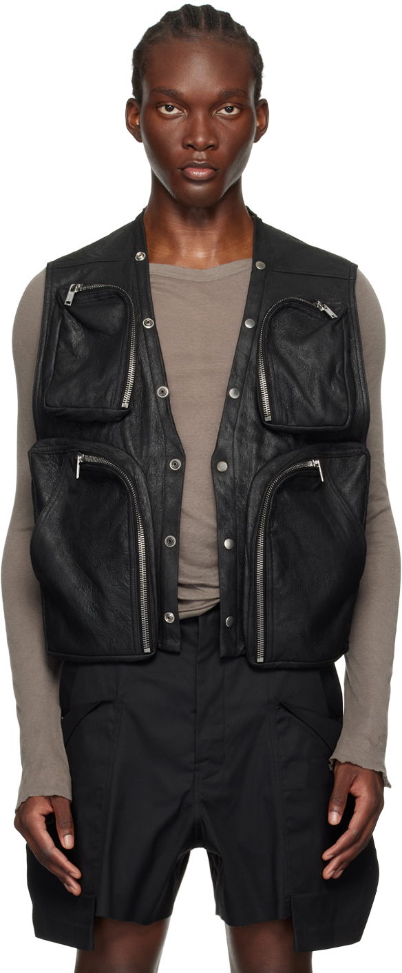 Vest Rick Owens Black Porterville Leather Cargo Vest Sort | RU02D6767 LBA