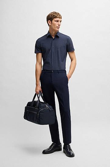 Skjorte BOSS Slim Fit Performance-Stretch Printed Jersey Shirt Mørkeblå | 50539369, 1