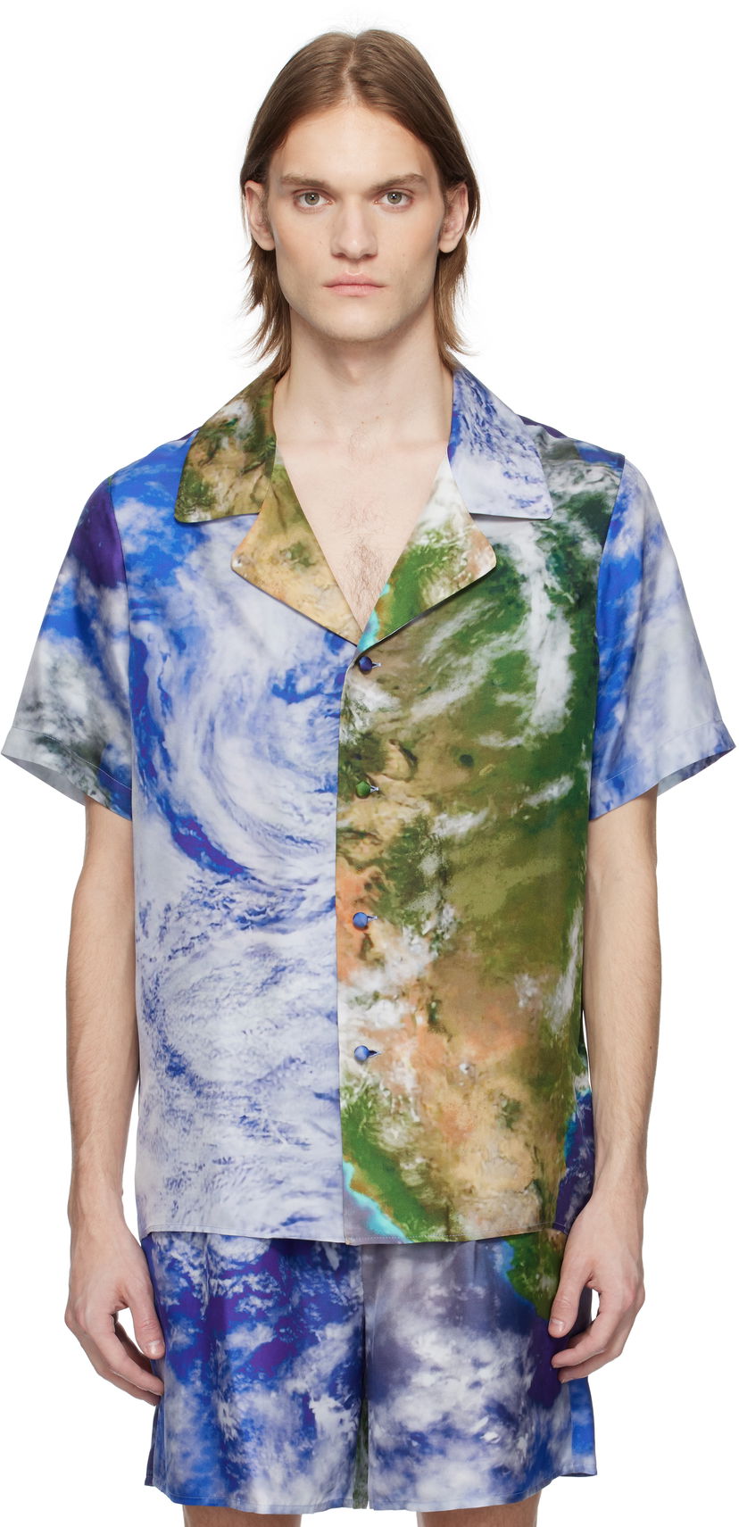 Skjorte Balmain Balmain Earth Print Silk Shirt Blå | EH0HN067SE89