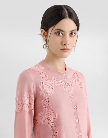 Sweater Dolce & Gabbana Dolce & Gabbana Wool Cardigan with Lace Inlay Lyserød | FXV05TJDVB0F0473, 3