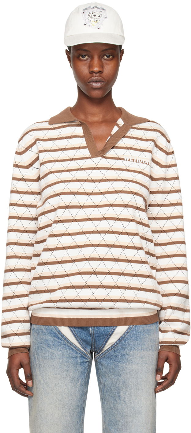 Polo skjorte We11done Striped Long Sleeve Polo Beige | WD-KT0-24-639-U-BR