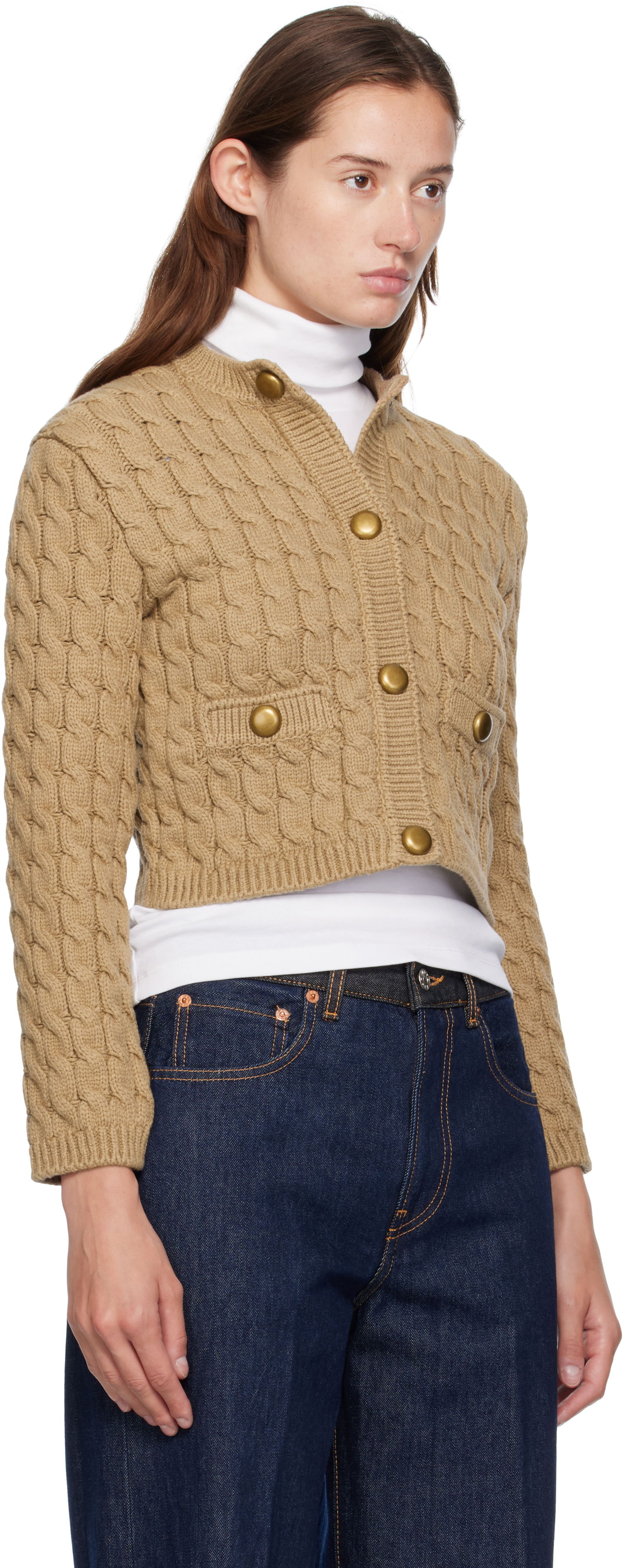 Sweater Moncler Moncler Cotton Blend Knit Cropped Cardigan Beige | 0939B00004M7105, 1